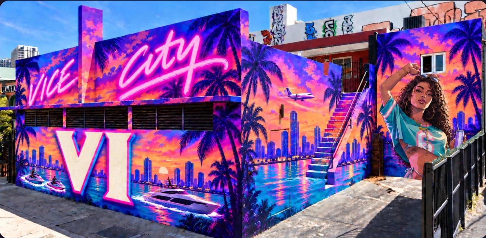 Illustrative GTA VI mural wrapping the front, south and rear walls of ALUR Gallery