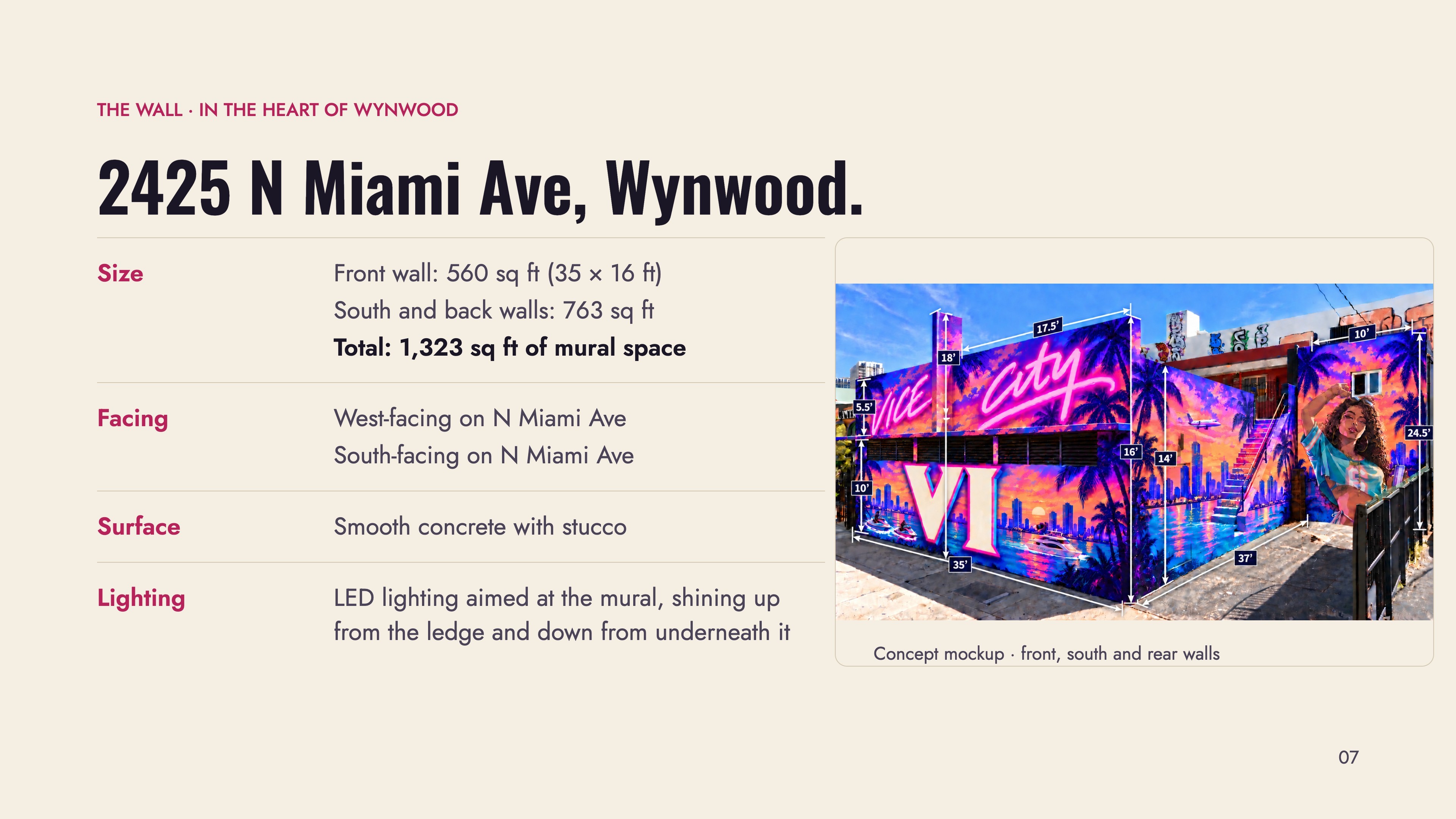 Final proposal slide showing the front wall at 35 by 16 feet with an 18-foot pillar, south wall at 37 by 14 feet, and rear wall at 10 by 24.5 feet, alongside an annotated mural diagram